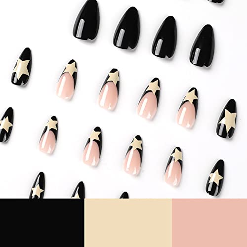 Clataly 24 Pcs White Star Ripple Fake Nails Acrylic Press on Nails Funny Nude Pink False Nails Full Cover Nails for Women and Girls (A) - Image 4