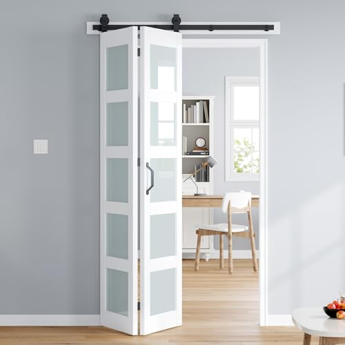 ROYMELO Bifold Barn Door 48x84 Inch (Double 24x84), White Frosted Glass Bifolding Doors with 52" Hardware Kit Included, Closet Sliding Wood Panel Slab, Save Space, Simple DIY Assembly by ROYMELO - Used condition - US$294.31
