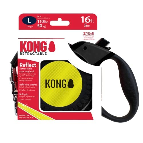 Kong ausrollbare Hundeleine in 5m Länge I Für große Hunde bis 50kg I Größe L I Hochwertige Rollleine mit Break & Lock System in gelb-schwarz I Leine mit Softgriff & hochreflektierendem Gurt
