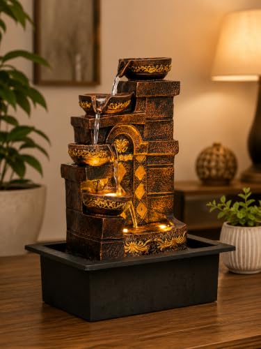Image of CHRONIKLE Polyresin Designer Table Top Indoor Home Decor 4 Steps Waterfall Fountain with Yellow LED Lights & Water Flow Controller Pump (Size: 40 x 29.5 x 22CM | Weight: 2185grm | Color: Golden Brown)
