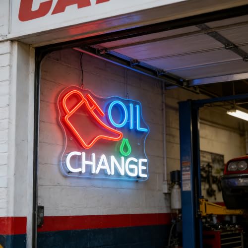 Image of Oil Change Neon Sign, Dimmable LED Neon Light Sign for Wall Decor, Mechanic Themed Neon Wall Light for Garage, Auto Shop, Man Cave, Bar, Bedroom, Game Room, Gift for Car Lovers Mechanics (OIL CHANGE)