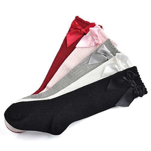 Image of Epeius Baby Girls Boys Cotton Uniform Knee High Socks Tube Ruffled Stockings (Pack of 3 /5)