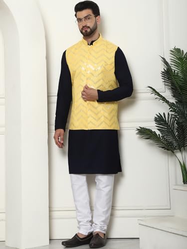 Image of SOJANYA (Since 1958 Men's Cotton Linen Maroon Kurta and White Pyjama with Mustard Cotton Nehru Jacket