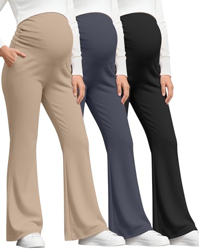 Sweetyweee 3 Pack Womens Maternity Pants Over The Belly Pregnancy Pants Comfy Bootcut Pregnant Sweatpants with Pockets(Black Charcoal Gray Khaki Medium)