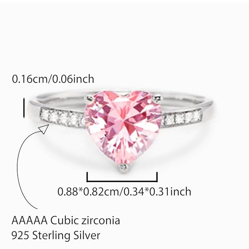 Dainty 925 Sterling Silver Pink Heart Promise Ring for Women Mother Heart Shaped Pink Cubic Zirconia Statement Ring to Daughter Eternity Engagement Rings Band Purity Ring Ladies Wedding Jewelry Gift 5