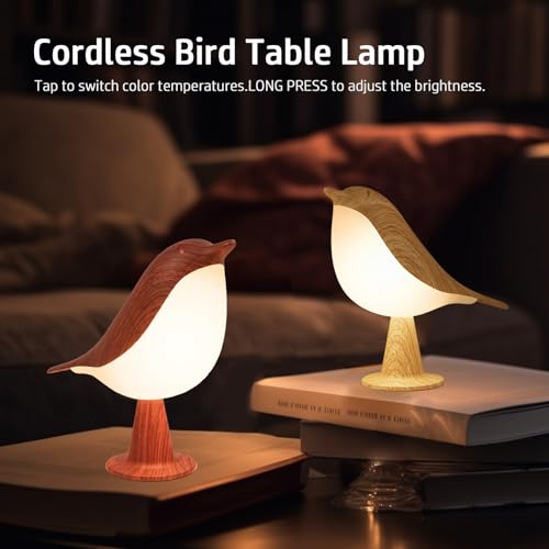 Image of Deogos 2 Cute Bird Lamps Combo,Small Bedside Lamps with 3 Color Temperature and Adjustable Brightness,Rechargeable Cordless Lamp for Bedroom Nightstand Bedside Table (Wood Tone + Red)