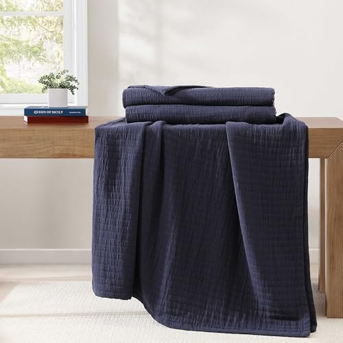 Image of Tommy Hilfiger - King Size Blanket, 100% Woven Cotton Bedding, Medium Weight for Year Round Comfort, Throw Blanket for Couch & Bed (Essential Weave Navy)