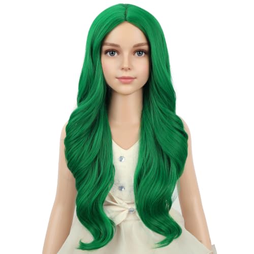 Image of PATTNIUM Green Wig for Girls Kids Long Curly Wavy Green Wigs Middle Part Hair Heat Resistant Synthetic Hair Wig with Wigs Cap