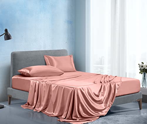 Manyshofu Satin King Sheets Set 4 Piece - Soft Silky Satin Sheets Set, Rose Gold Satin Bed Sheets Cooling & Luxury Bedding Sheet Set(1 Satin Fitted Sheet, 1 Satin Flat Sheet, 2 Satin Pillow Cases) #TOP2