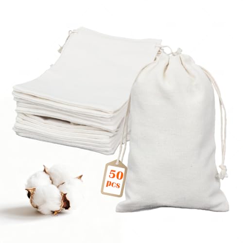 OFFASST 50 Pièces Pochons Coton 15x20cm avec Cordon, Sachets en Tissu Réutilisables pour Cadeaux, Mariage, Anniversaire, Noël et Bijoux
