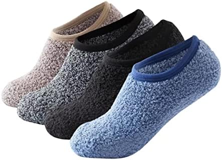 SKOLA 4 Pairs Cozy Winter Fuzzy Women Socks Grip Slippers Fluffy House Non Skid Microfiber Socks(Khaki/Gray/Black/Blue 4Pairs)