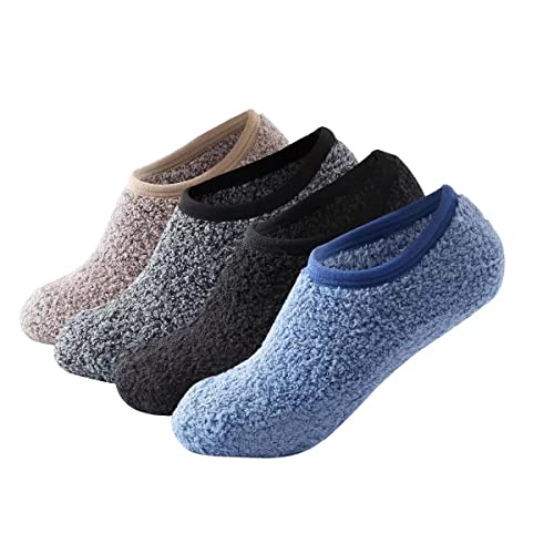 Skola 4 Pairs Cozy Winter Fuzzy Women Socks Grip Slippers Fluffy House Non Skid Microfiber Socks(Khaki/Gray/Black/Blue 4Pairs) #TOP2