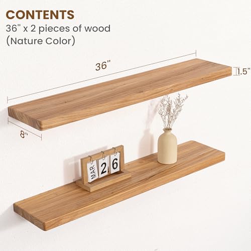 Image of Floating Shelves for Wall, 36 inchWx8 inchD Rustic Solid Elm Wood Floating Shelves Wall Mounted, Round Edge Wall Shelves with Invisible Bracket for Living Room Bathroom Bedroom Kitchen, Set of 2, Natural