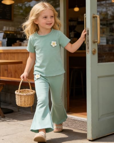 Image of OLMRJKD Kid Toddler Girl Clothes Outfits Short Sleeve Butterfly Top Flared Leg Pants Summer Clothing Set