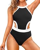 Holipick Women's Black and White One Piece Swimsuit Cutout High Neck Bathing Suits Tummy Control Swimwear for Teen Girls S
