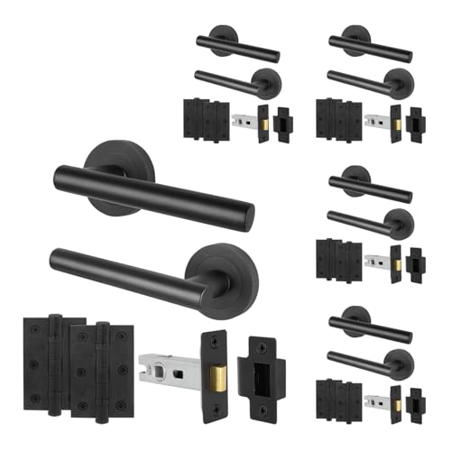 EAI Black Door Handle Latch Set - Pack of 5 | Round T-Bar Internal Door Handles, Latch (64mm), Hinges (76mm)| Matt Black Lever on Rose | Oliena Range