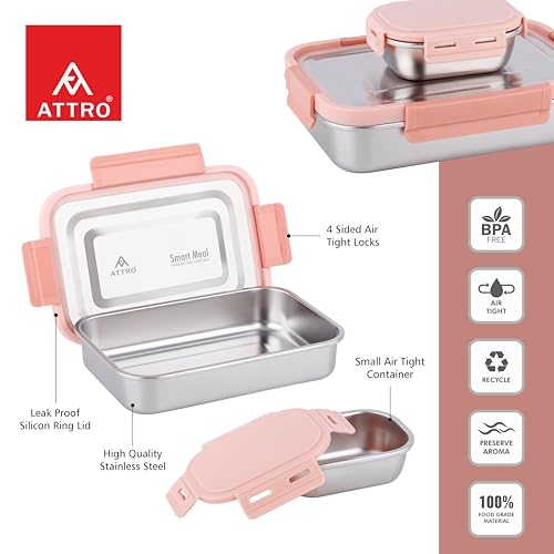 Image of ATTRO Smart Meal Medium Stainless Steel Lunch Box with 1 Small Container Airtight Spill-Proof BPA Free Food Grade Ideal for Office, School, Picnic- Peach-800ml+170ml