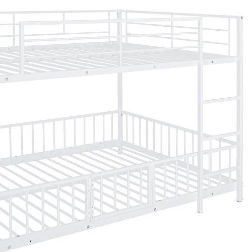 Image of Bellemave Full Over Full Bunk Bed with Slide and Ladder, Metal Low Bunk Beds for Kids, Girls, Boys, Removable Fence and Door, White