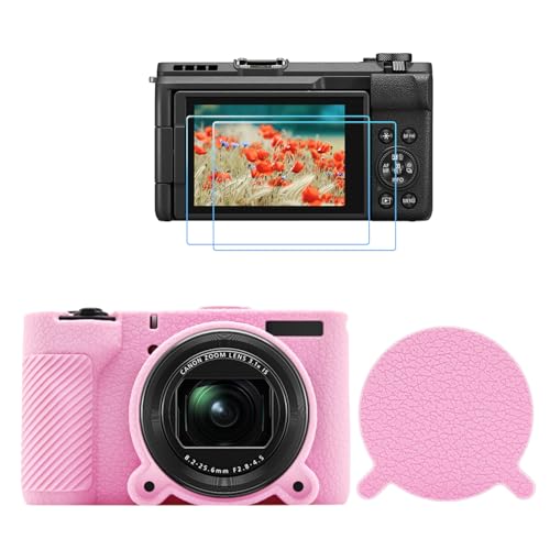 Funda protectora Canon PowerShot V1 de silicona rosa con tapa de lente
