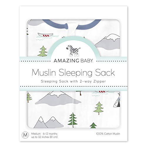 Image of Amazing Baby Cotton Muslin Sleeping Sack, for Baby Boy or Girl, Wearable Blanket with 2-Way Zipper, Outdoor Adventure, Denim, Medium (6-12 Month) (Pack of 2)