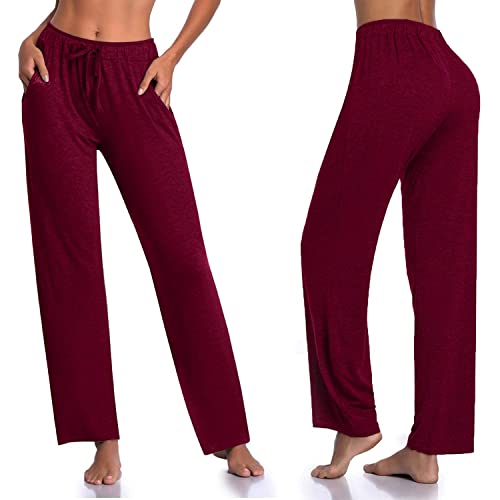 Jorlyen Flowy Workout Yoga Pants with Drawstring Women Pockets High Waist Pants Lounge Casual Leggings Running Walking Loose Fitting Daily Trousers, Burgundy S