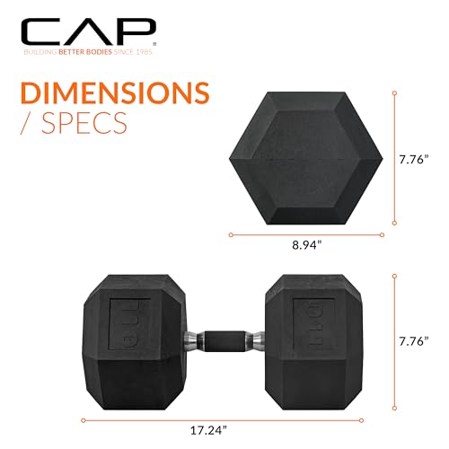 Image of CAP Rubber Coated Dumbbell Weights, Free Weights for Home Gym Strength Training, Anti-Roll Hex Dumbbells with Black, Chrome & Comfort Grip Handles, Singles