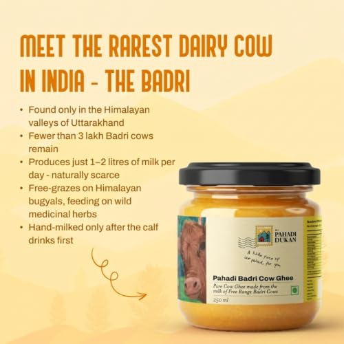 Image of My Pahadi Dukan A2 Badri Cow Ghee 250ml, Traditional Himalayan Bilona Desi Ghee, Free-Range Uttarakhand Pahadi Cows, No Additives, Pure Traditional Ghee, Certified Glyphosate-Free ghee, Glass Bottle