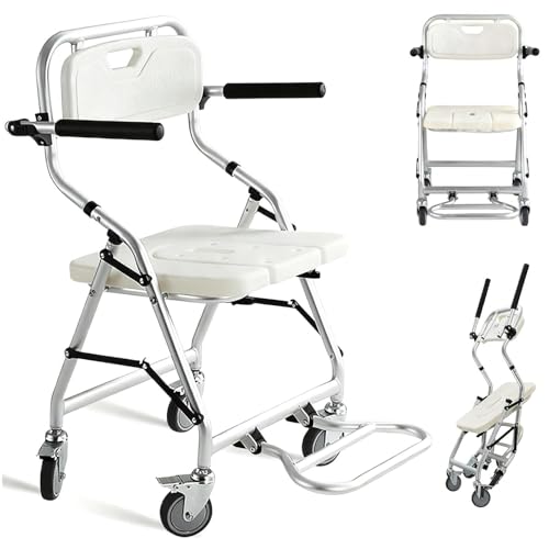 Sedia Doccia Anziani Pieghevole con Ruote, Sedie per Doccia Anziani e Disabili con Braccioli e Schienale, Sedile da Sgabello Bagno Pieghevole per Anziani e Disabili, Carico 120 kg