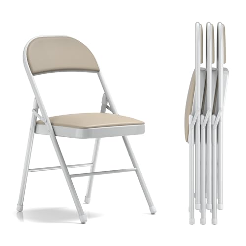 VECELO 4-Pack Folding Chairs Portable Metal with Ultra Soft PU Padded Cushion Seats for Home Office, Beige