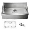 KIBI 33 Inch Handcrafted Farmhouse Apron Single Bowl Real 16 gauge Stainless Steel Kitchen Sink with Strainer and Grid K1-SF33