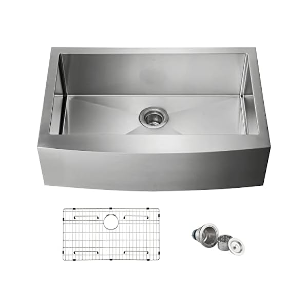 KIBI 33 Inch Handcrafted Farmhouse Apron Single Bowl Real 16 gauge Stainless Steel Kitchen Sink with Strainer and Grid K1-SF33