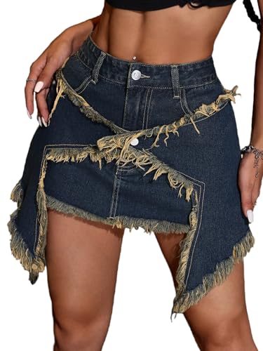MakeMeChic Women's Raw Hem Low Waist Asymmetrical Hem Denim Mini Skirt Short Jean Skirts