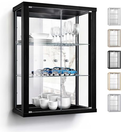 K-Möbel Wandvitrine (80x60x25cm) - Made in Germany - Glasvitrine hängend mit 2 höhenverstellbaren Glasböden aus ESG & Spiegel in Schwarz - Schrank mit Glastüren - Hängevitrine Glas
