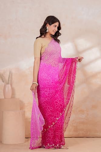 Image of Women's Net Saree with Embroidery with Unstitched Beige Blouse | Sheer Fabric Designer Saree for Women | Festive Ethnic Saree |
