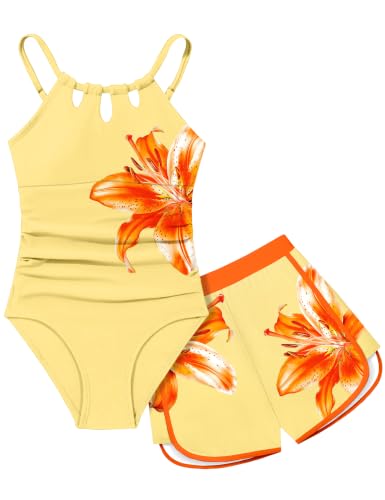 Image of KANGKANG Girls Swimsuit Quick Dry Cut Out One Piece Swimsuits with Tropical Print Cover Up Skirt Bathing Suit Swimwear 7-18Y