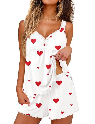 Image of Ekouaer Womens Pajama Sets 2 Piece Cute Pj Set Lace V Neck Tank Top and Shorts Sleepwear Soft Sexy Lingerie Bridal Nightwear