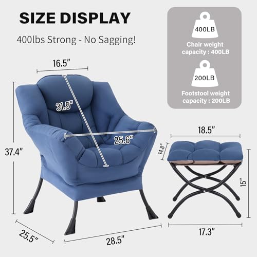 Image of Tiita Lazy Chair with Ottoman, Blue Modern Large Accent Chair, Comfy Leisure Sofa Armchair with Ottoman, Reading Chair with Footrest for Bedroom, Living Room, Dorm Rooms, Blue