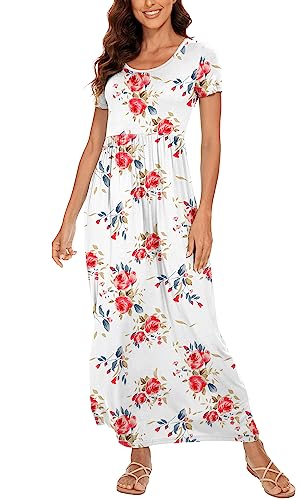 DEARCASE Damen Maxikleid Sommer Umstands Casual Kurzarm Blumen Lockeres Langes Kleider Übergröße Damenkleid mit Tasche