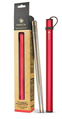 finessCity Chopsticks 1 Pair of Chopstick Titanium Chopsticks with Aluminium Case Red