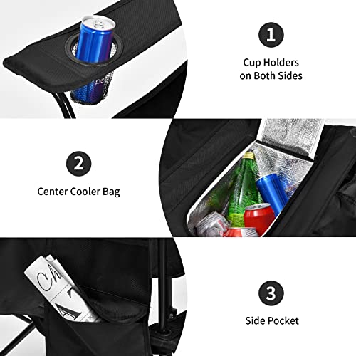 Silkydry Double Folding Camping Chairs, Portable Outdoor Chairs W/Ice Bag, Pocket, Carry Bag, Removable Umbrella & Cup Holder, Weather Resistant 2-Person Picnic Chairs For Patio, Pool, Lawn (Black) #TOP5
