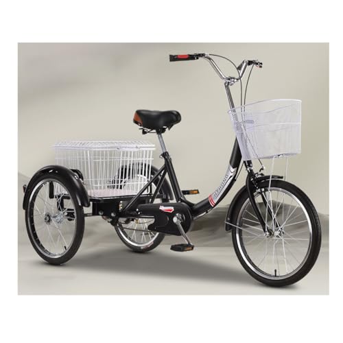 Bicicleta 3 ruedas con cesta la compra adecuada, triciclo carga con cesta, triciclo 20 pulgadas for adultos, triciclo for adultos, triciclo acero con alto contenido carbono for personas mayores(Black,