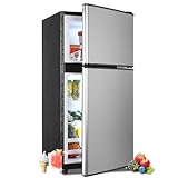 Zyerch Mini Fridge with Freezer, 3.9 Cu. Ft. Adjustable Thermostat Compact Fridge with Freezer,Office Mini Refrigerator with Freezers, Small Size Dorm Fridges for Apartment,Dorm,Kitchen,Office,Silver