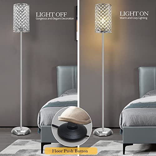 Crystal Floor Lamp, Elegant Standing Lamp Modern Floor Lamp Silver Finish Tall Pole Lamp Accent Light With On/Off Foot Switch For Living Room, Girl Bedroom, Dresser, Office #TOP2