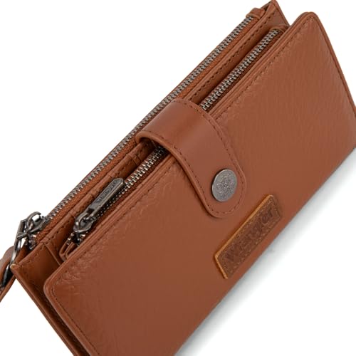 Image of Montana West X Wrangler Brown Wristlet Wallet Minimalist Clutch Womens Wallet Rfid Card Cases & Money Organizers with Coin Purse and Smooth Zipper