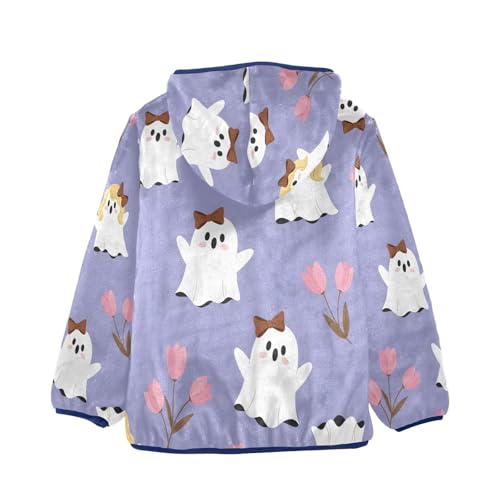 Cute Ghosts with Flowers Pattern Toddler Fleece Jacket Girl Boys Hooded Fleece Jacket Coat Warm Outwear Zip-up 3-10T2