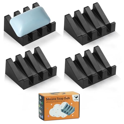 Coipdfty Self Draining Soap Dish Holder,Silicone Soap Dish,for Bathroom,Kitchen, Sponges，Can Extend Soap Life，Keep Soap Bars Dry and Easy Cleaning (N-Black,4-Pack)