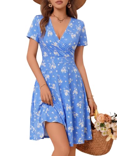 Image of MSBASIC Womens Summer Wrap V Neck Casual Dresses Floral Short Sleeve A-Line Midi Sundress