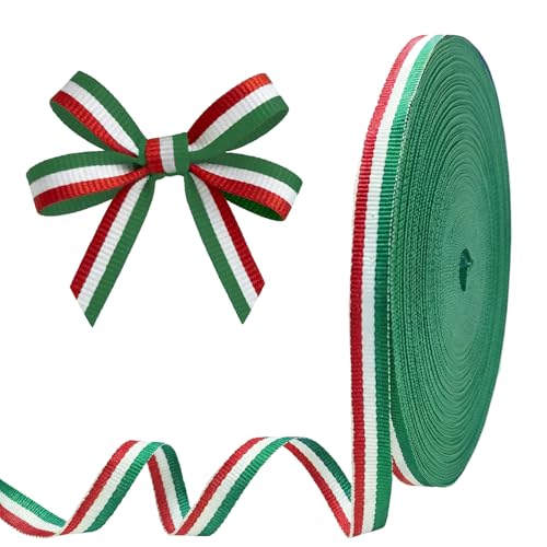 Red White Green Grosgrain Ribbons 55 Yards 10mm Wide Double-Sided Striped Ribbon Patriotic Ribbon Wrapping Rope with Striped Pattern for Christmas Favor Party DIY Crafts Package Decor