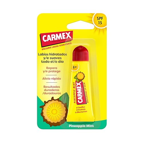 Carmex Bálsamo Labial SPF15, Tubo Piña, 10g. Hidrata, protege, repara, calma y suaviza los labios.