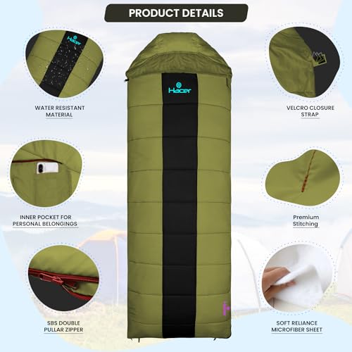 Image of Hacer HC-1500 3in1 Camping Sleeping Bag Open Comforter & Mattress +2 Degree Winter 210T Polyester Lining Hiking Trekking Bags for Baby, Adults Men & Women (7ft, Army Green & Black, 2C to +5C, 1.6kg)